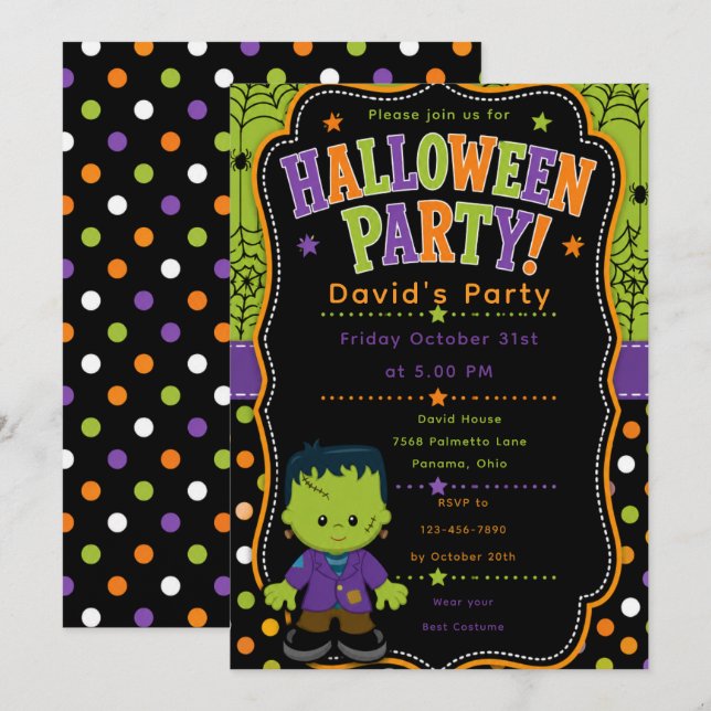 Invitation Fête d'Halloween Frankenstein pour enfants (Devant / Derrière)