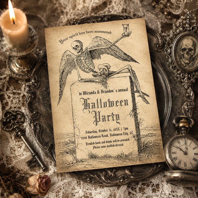 Invitation Fête d'Halloween gothique avec tombeau squelette v (Créateur téléchargé)