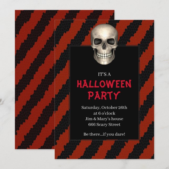 Invitation Fête d'Halloween Gothique Crâne Rayure Rouge (Devant / Derrière)