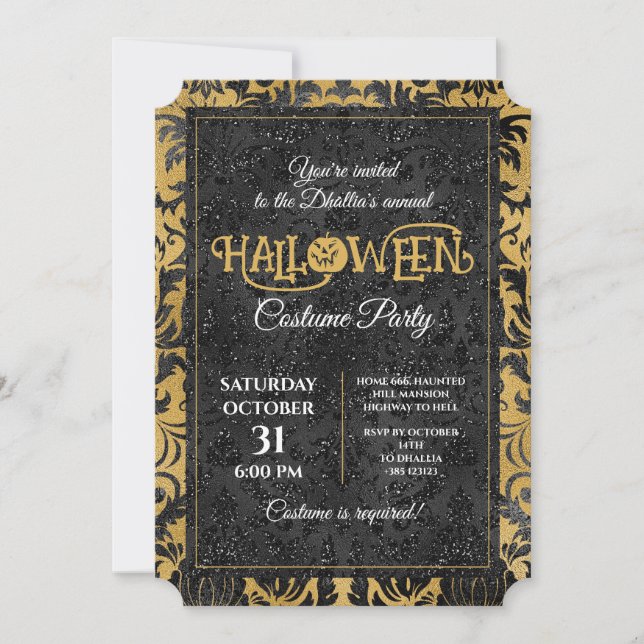 Invitation Fête d'Halloween gothique Noir et Or (Devant)