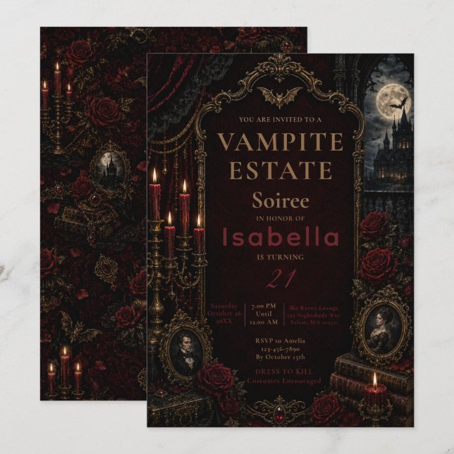 Invitation Fête d'Halloween gothique victorienne (Devant / Derrière)
