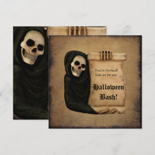 Invitation Fête d'Halloween Grungy Scroll & Caped Skull
