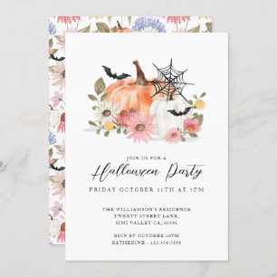 Invitation Fête d'Halloween Jaune et Citrouille blanc fleur s