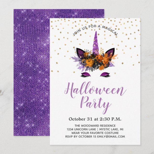 Invitation Fête d'Halloween Licorne Paillettes Violettes (Devant / Derrière)