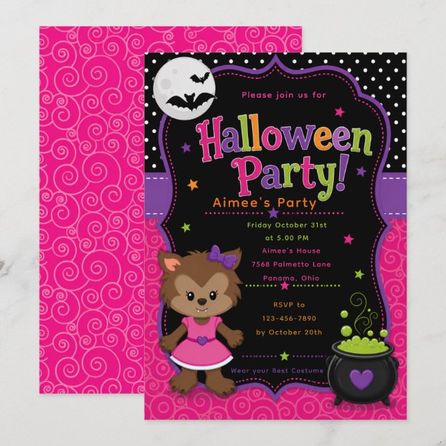 Invitation Fête d'Halloween Loup-Garou pour Filles (Devant / Derrière)