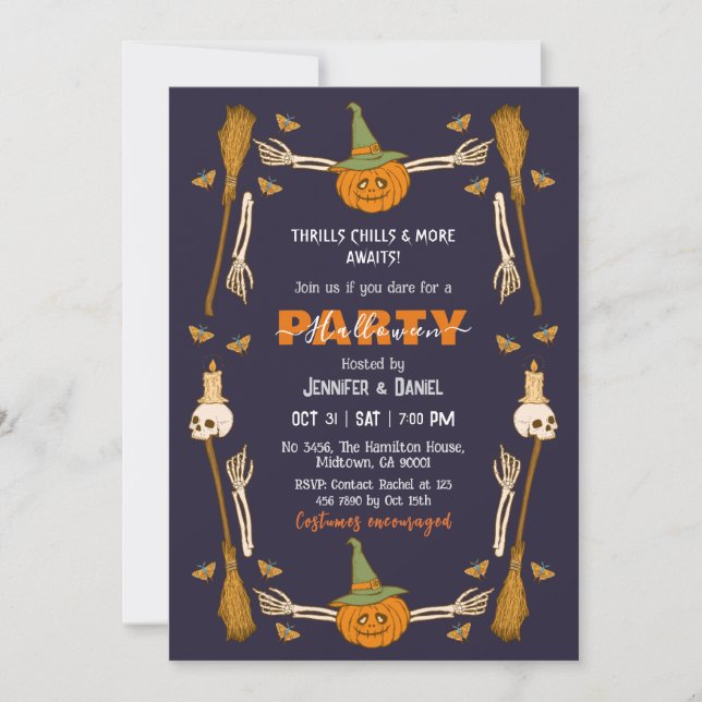Invitation Fête d'Halloween Main de squelette Balai de sorciè (Devant)