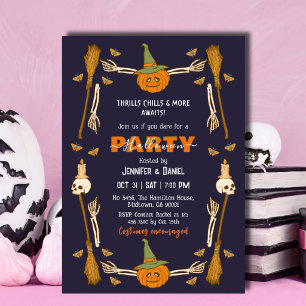 Invitation Fête d'Halloween Main de squelette Balai de sorciè