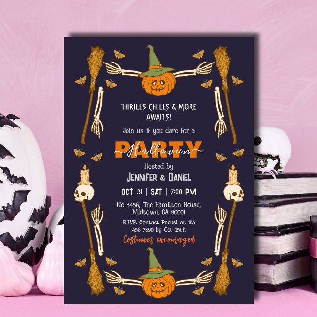 Invitation Fête d'Halloween Main de squelette Balai de sorciè (Créateur téléchargé)