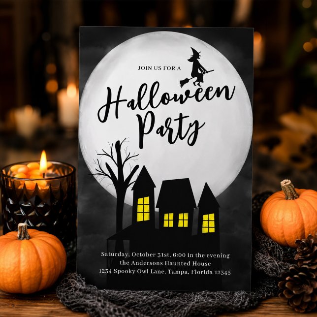 Invitation Fête d'Halloween Maison Hantée Effrayante  (Elegant Halloween party invitation for a spooky haunted house celebration.)
