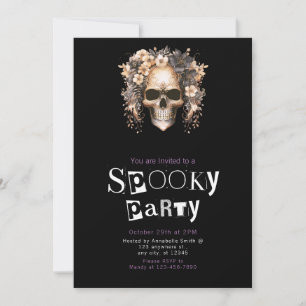 Invitation Fête d'Halloween minimaliste Crâne et Fleurs