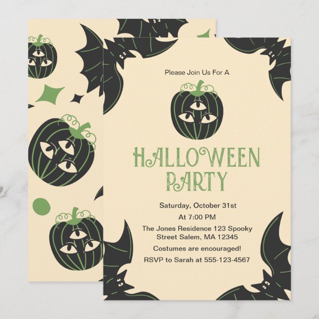 Invitation Fête d'Halloween moderne à 3 yeux Citrouille et ch (Devant / Derrière)