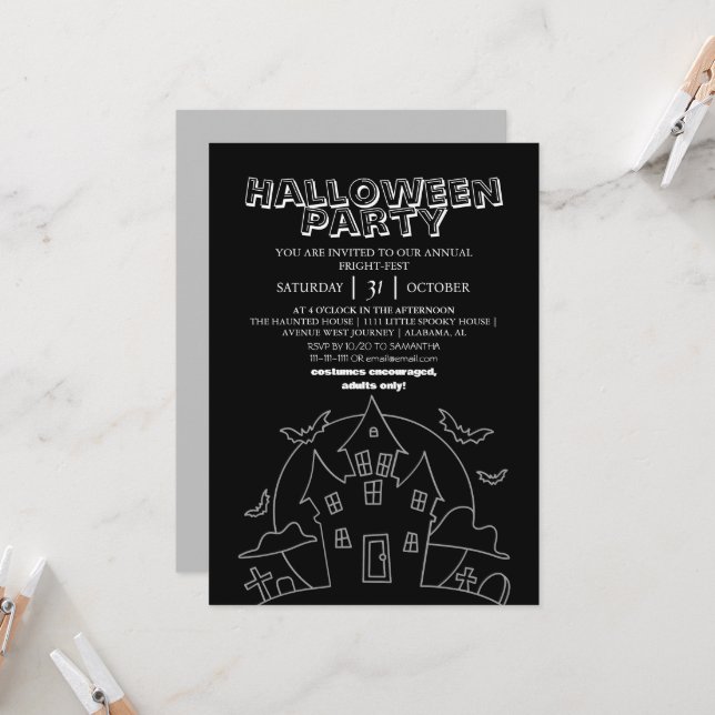Invitation Fête d'Halloween Moderne en Lignes Noires et Blanc (Devant/Arrière en situation)