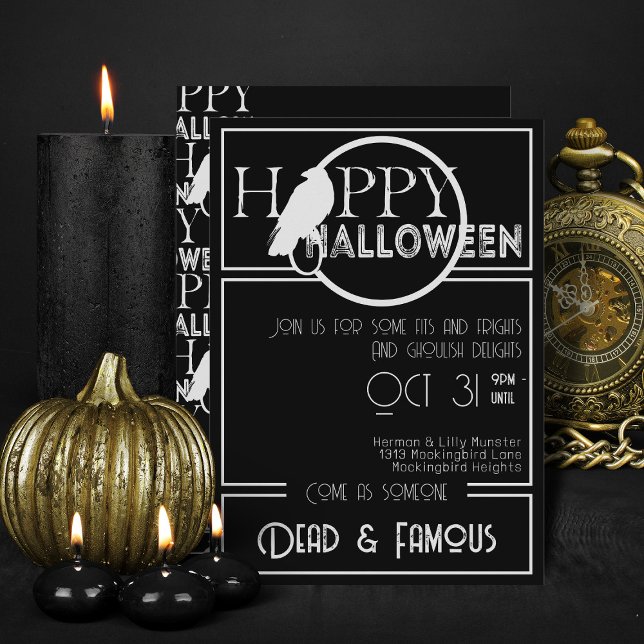 Invitation Fête d'Halloween moderne noir blanc élégant adulte (Elegant black and white flat halloween invitations)