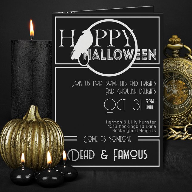 Invitation Fête d'Halloween moderne noir blanc élégant adulte (Elegant Black And White Adult Halloween Party Invitations)