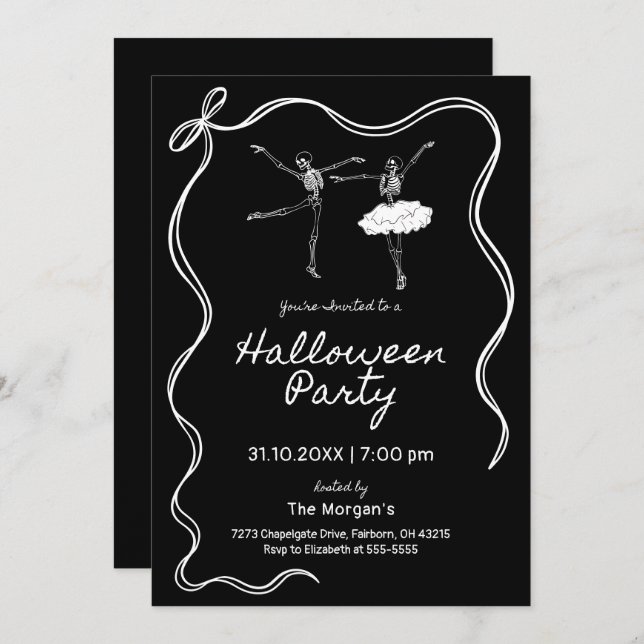 Invitation Fête d'Halloween noir et blanc (Devant / Derrière)