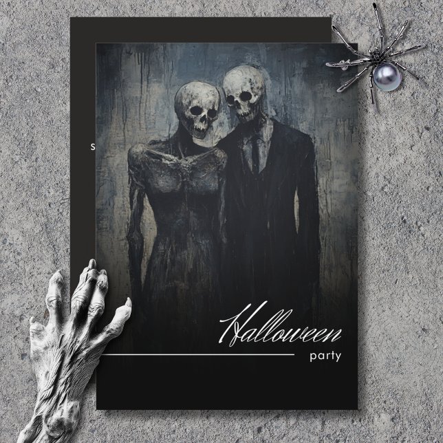 Invitation Fête d'Halloween noir et blanc foncé ghoulish Coup (Dark Ghoulish Couple Black & White Halloween Party Invitation)
