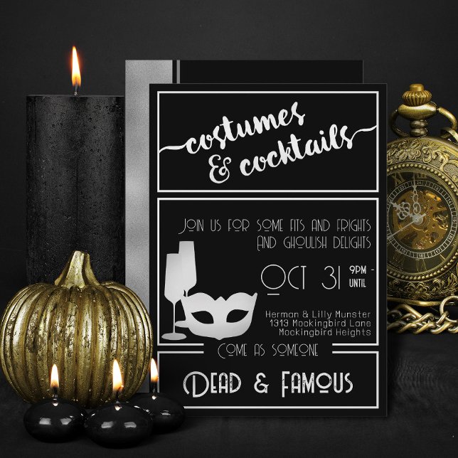 Invitation Fête d'Halloween noir moderne (Elegant Black And White costumes and cocktails Halloween invitations)
