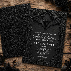 Invitation Fête d'Halloween noire avec cocktails et costumes 