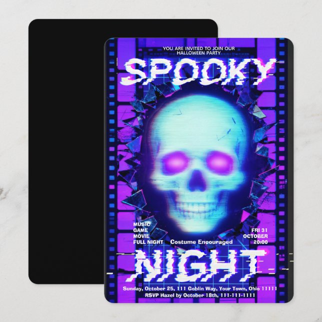Invitation Fête d'Halloween Nuit Fantôme Crâne Néon Glitch (Devant / Derrière)