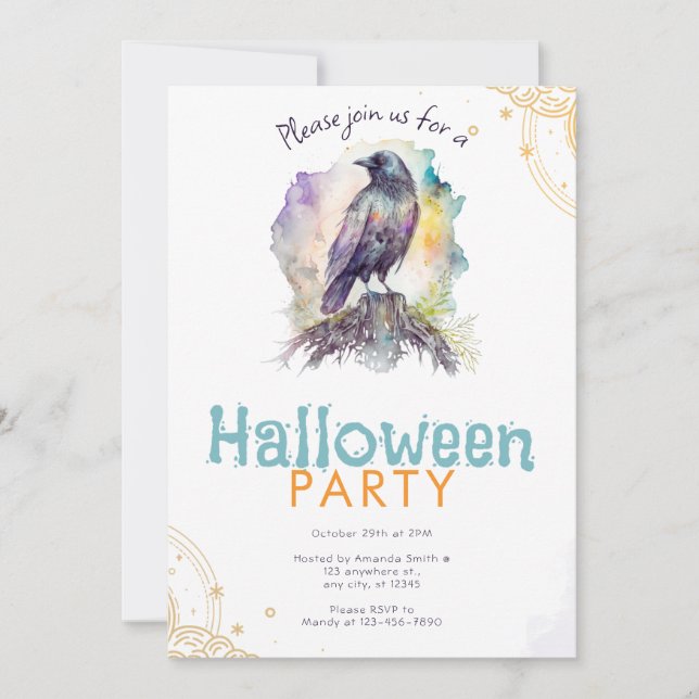 Invitation Fête d'Halloween Or et Pastel Corbeau Noir (Devant)