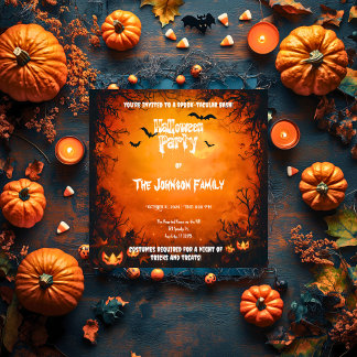 Invitation Fête d'Halloween orange avec citrouilles et chauve