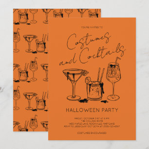 Invitation Fête d'Halloween Orange Costumes et Cocktails