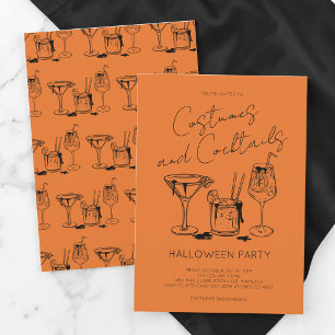Invitation Fête d'Halloween Orange Costumes et Cocktails