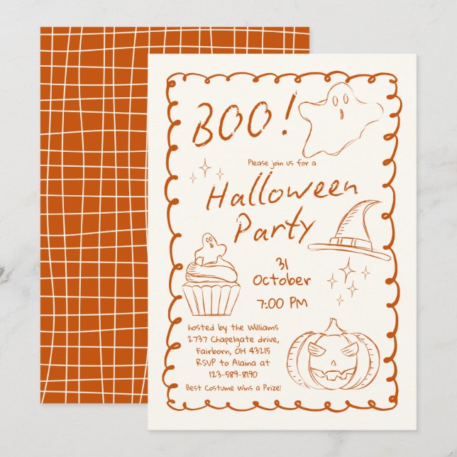 Invitation Fête d'Halloween Orange Tendances Dessinés à la Ma (Devant / Derrière)