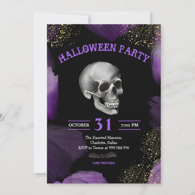 Invitation Fête d'Halloween | Parties scintillant or pourpre  (Devant)