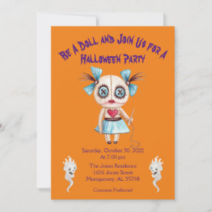 Invitation Fête d'Halloween Poupée Vaudou Fille Orange