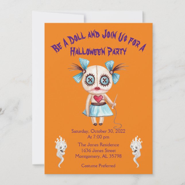 Invitation Fête d'Halloween Poupée Vaudou Fille Orange (Devant)