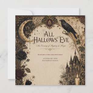 Invitation Fête d'Halloween pour adultes Corbeau, Clé Antique