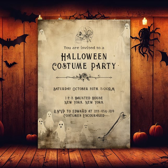 Invitation Fête d'Halloween pour adultes Vintage Fantôme crân (adult halloween party, spooky ghost, skull, skeleton, anatomy)