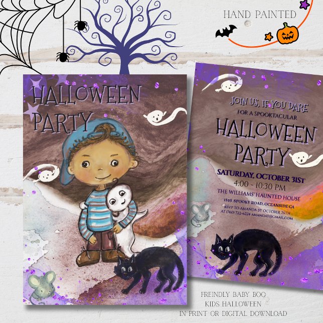 Invitation Fête d'Halloween pour bébé chou, chat et garçon  (Cute Baby boo, cat & Boy Halloween Party Invitation)