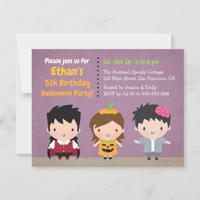 Invitation Fête d'Halloween pour enfants avec vampire mignon, (Devant)