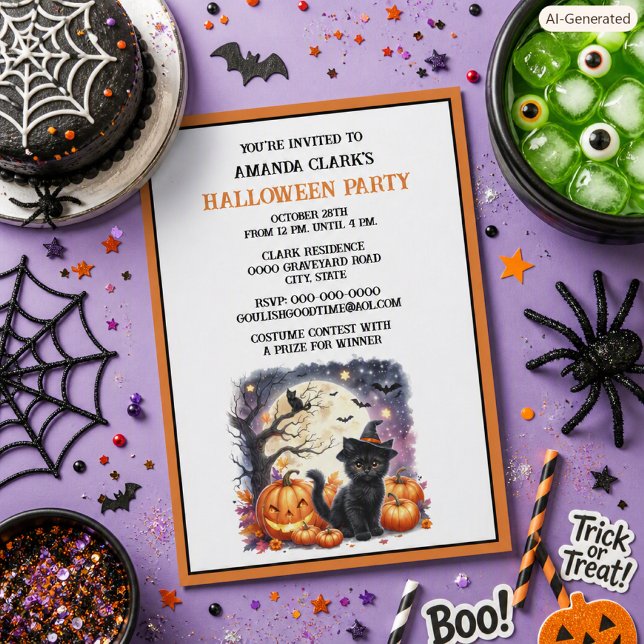 Invitation Fête d'Halloween pour enfants Chat noir mignon Cit (Créateur téléchargé)