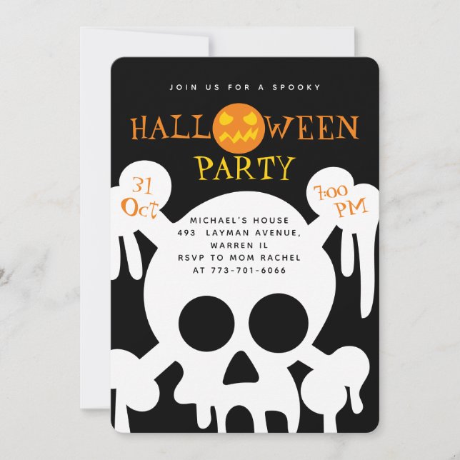 Invitation Fête d'Halloween pour enfants crâne effrayant  (Devant)