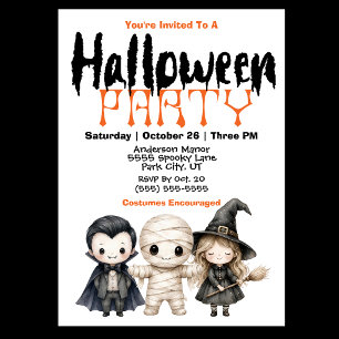 Invitation Fête d'Halloween pour enfants Vampire Momie Sorciè
