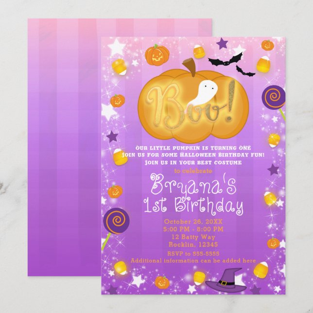 Invitation Fête d'Halloween pour le 1er anniversaire Violet e (Devant / Derrière)