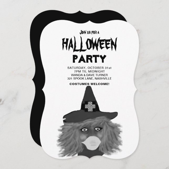 Invitation Fête d'Halloween pour sorcière noire et blanche po (Devant / Derrière)