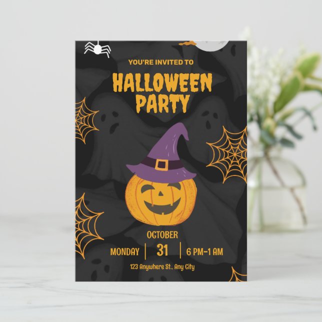 Invitation Fête d'Halloween Pumbkin Noir Orange Modifiable (Debout devant)