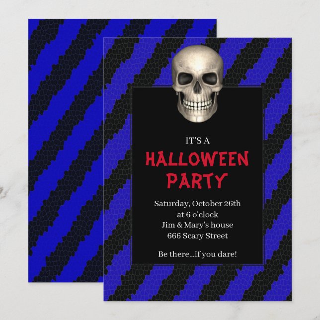 Invitation Fête d'Halloween rayure bleue crâne gothique (Devant / Derrière)