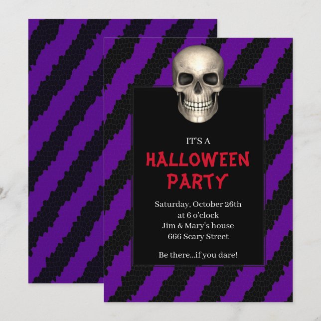 Invitation Fête d'Halloween rayure violette crâne gothique (Devant / Derrière)