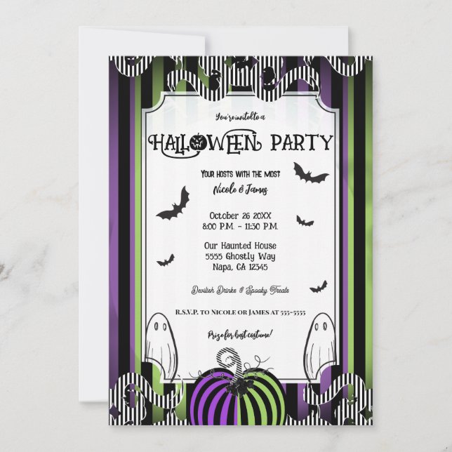 Invitation Fête d'Halloween rayures vertes violettes et noire (Devant)