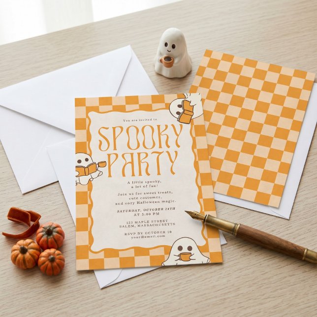 Invitation Fête d'Halloween Rétro Fantôme Mignon Épouvantable (Retro Spooky Cute Ghost Halloween Party Invitation)