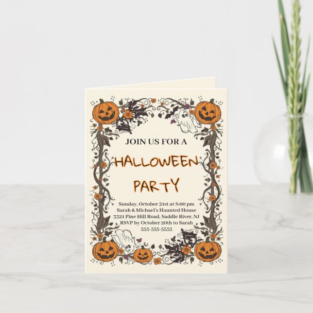 Invitation Fête d'Halloween Rustique Citrouille & Fantôme Épo (Devant)