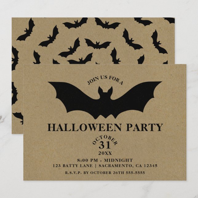 Invitation Fête d'Halloween rustique de chauve-souris noire (Devant / Derrière)