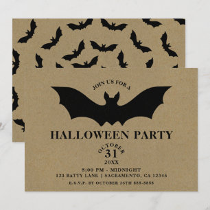 Invitation Fête d'Halloween rustique de chauve-souris noire