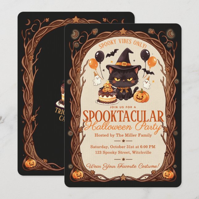 Invitation Fête d'Halloween Sorcière Chat Noir Mignon Épouvan (Devant / Derrière)