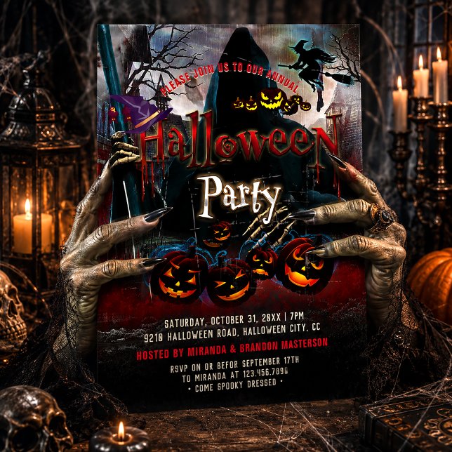 Invitation Fête d'Halloween sorcière citrouilles fantômes eff (Créateur téléchargé)
